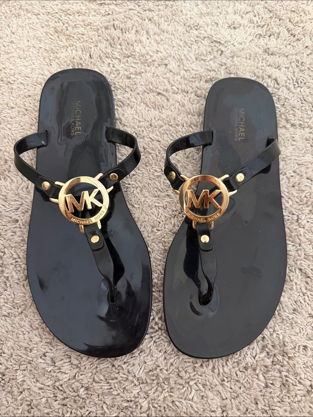 Michael Kors Black Jelly Thong Sandals with Gold MK Emblem Size 8